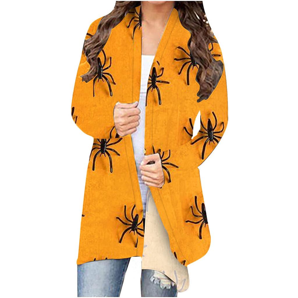 Women's Fashion Casual 2022 Halloween Print Medium Length Cardigan Jacket Coat