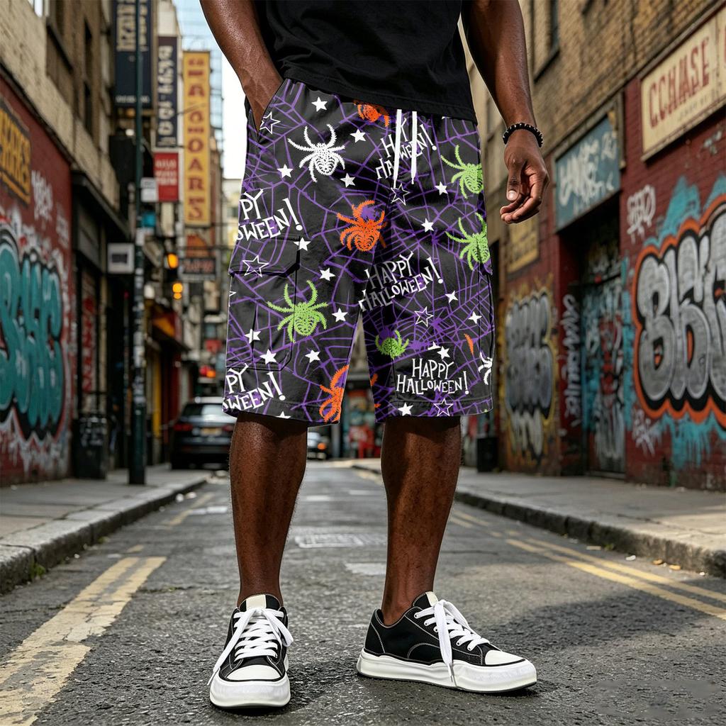 Pantaloncini casual da uomo con coulisse, colorati, al ginocchio, con tasche multiple
