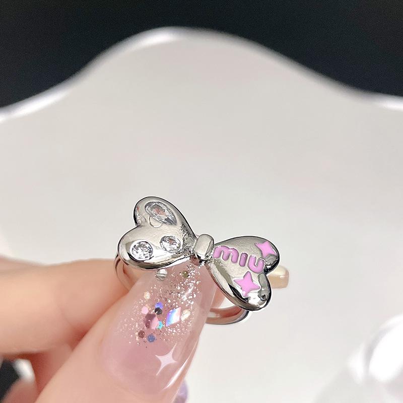 Enamel Oil Drop Bow Food Opening Ring Letter Diamond Ring Fairy Exquisite Light Luxury High Sense Fashion Adjustable opening
