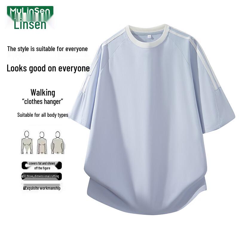 MULINSEN Men s 2026 Summer Striped Round Neck Loose Fit T-Shirt M светло-синий