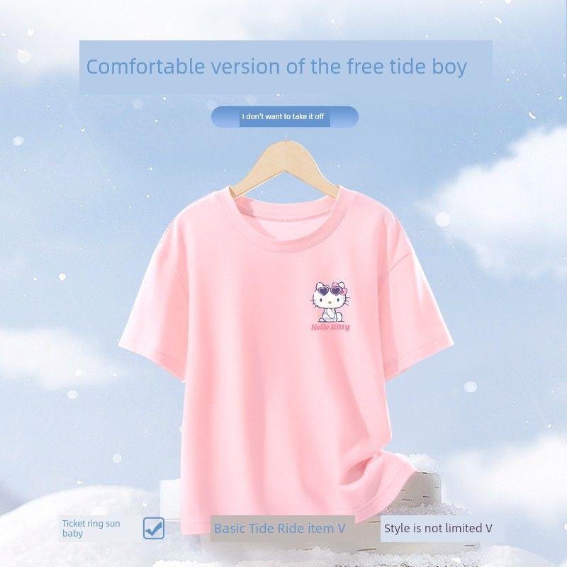 Hello Kitty Girls' Short-Sleeved T-Shirt Summer Pink Children's Base Shirt Pure Cotton Heavyweight Girls' Summer Top