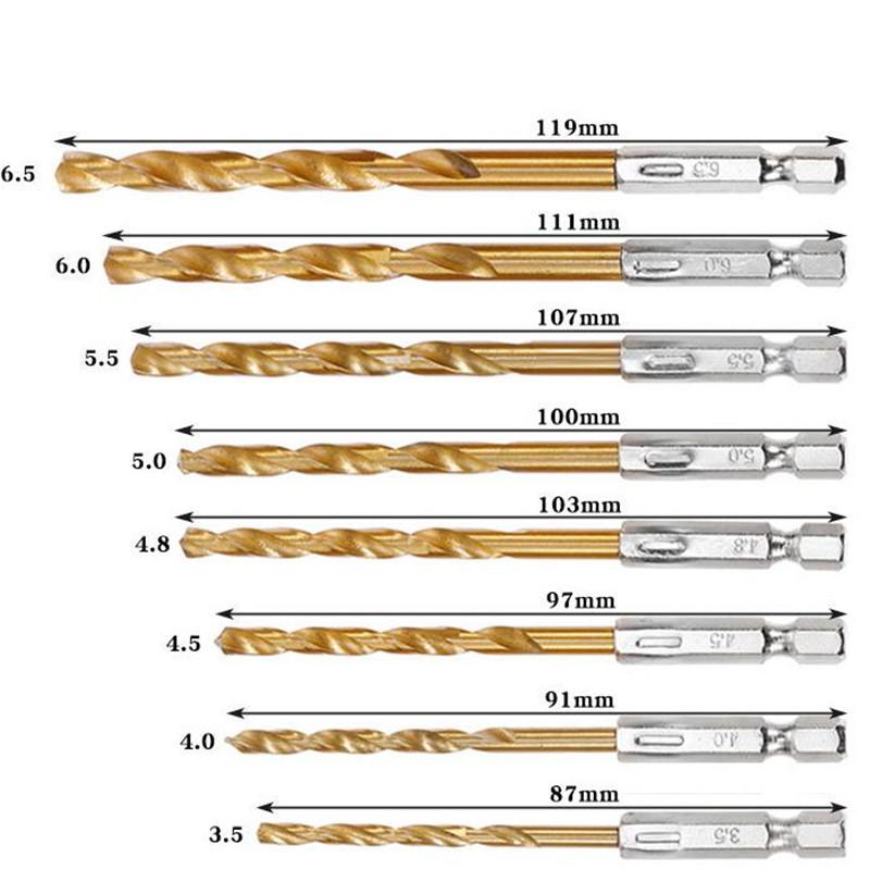 13Pcs HSS Aço de alta velocidade Titânio revestido Broca Bit Set 1/4 Hex Shank 1.5mm-6.5mm Hexagonal Handle Twist Broca