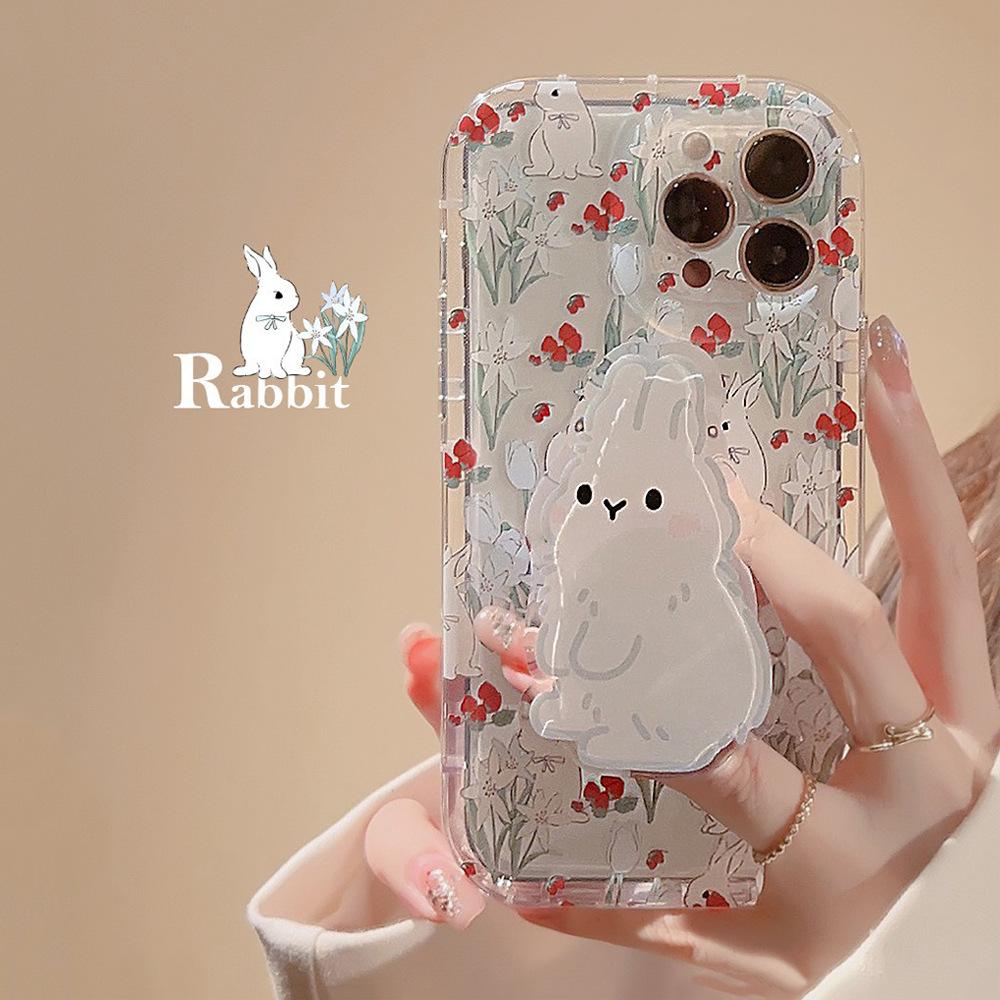 

Korean Flower Rabbit Suitable for Iphone13 Apple 14 Mobile Phone Case 11 Cute Girl 15pro Max Bracket 16 Transparent 16promax