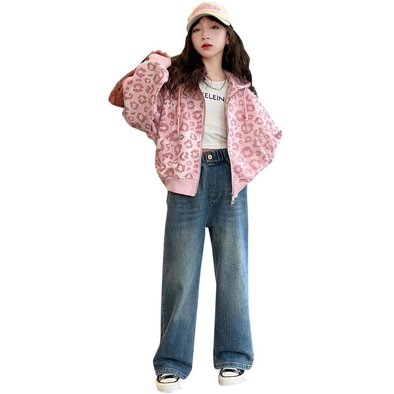 Big Girls' Stylish Leopard Print Cardigan Hoodie - Spring/Autumn 2025