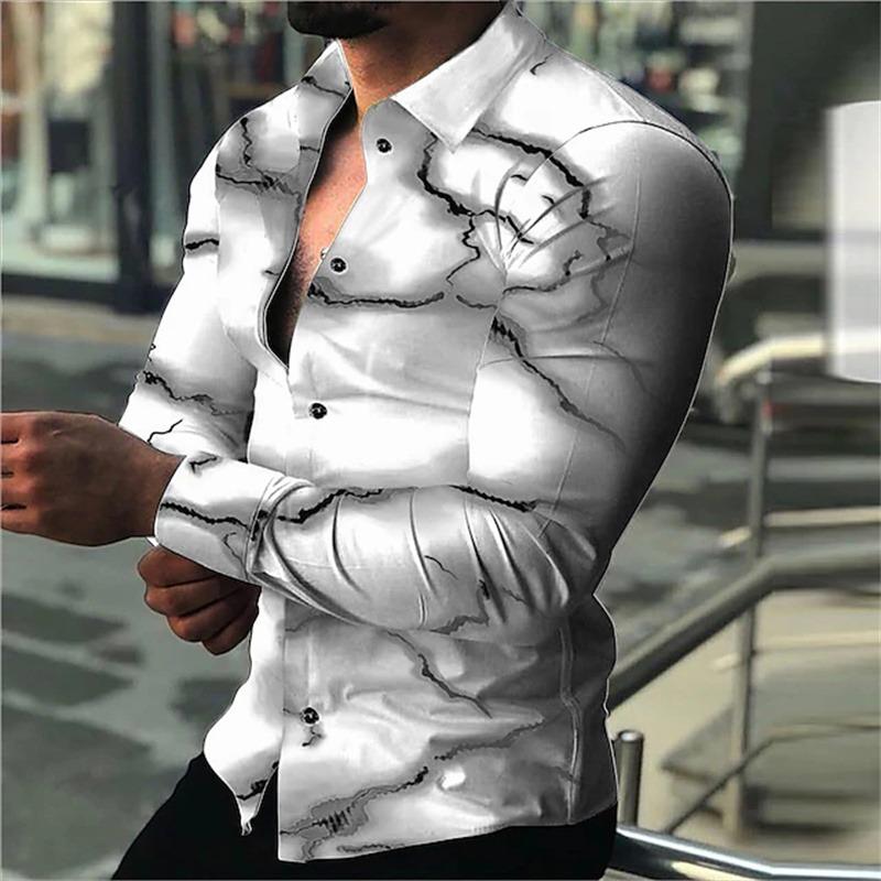 Men's Long-sleeved Shirt with Trendy Purple Lightning Flash Print Design, Stylish and Casual Open-front Top, Sizes
