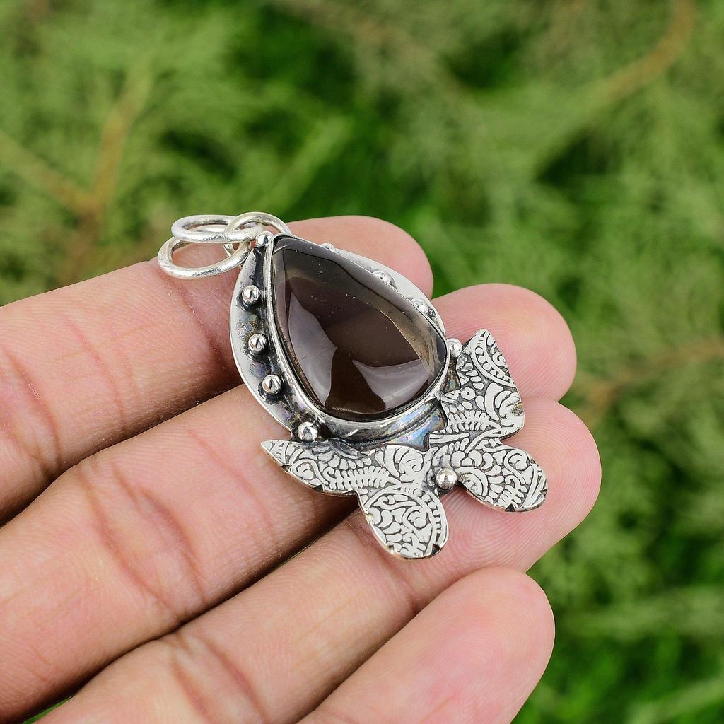 Daughters Day Deal 925 Silver Root Chakra Natural Smoky Quartz Birthday Pendant