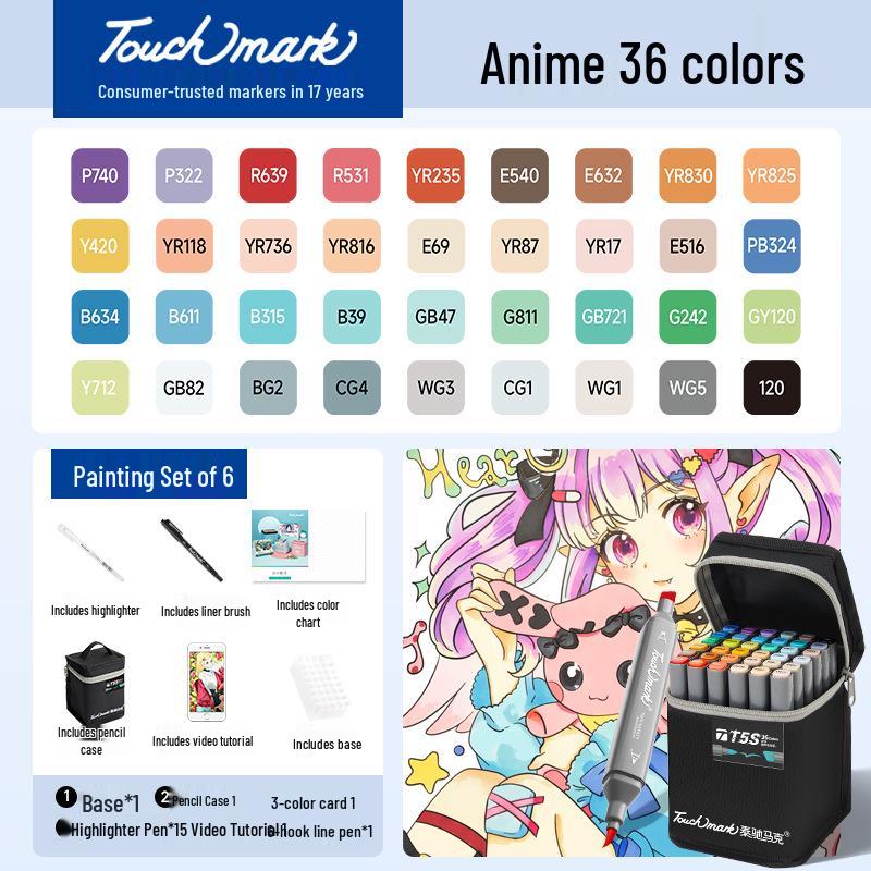 Двусторонние маркеры на спиртовой основе Touchmark, 60 цветов, мягкий наконечник 36 Colors Anime Design | 6-Piece Set