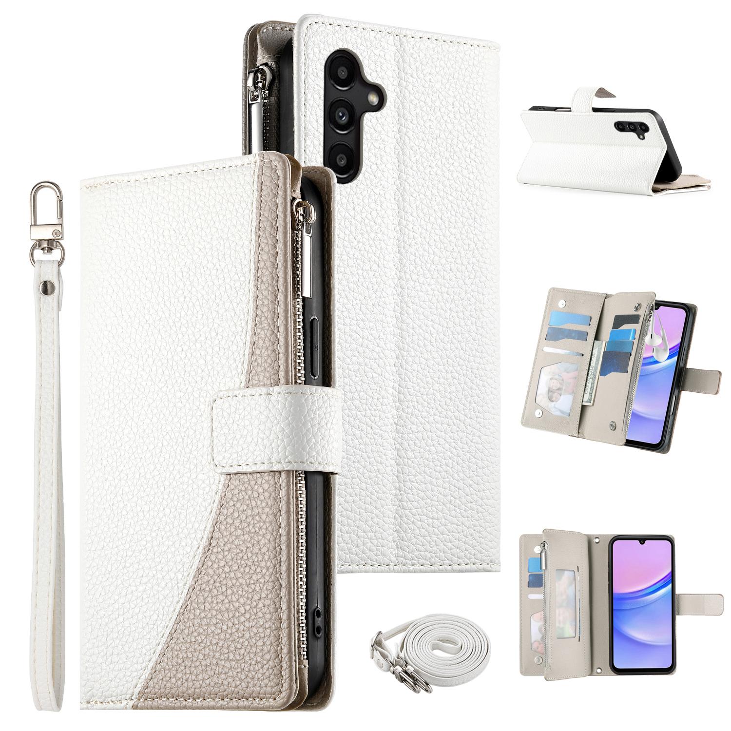 

Чехол-книжка из кожи с цветной вставкой и кошельком на молнии для Samsung Galaxy A15 5G/4G с ремешками White
