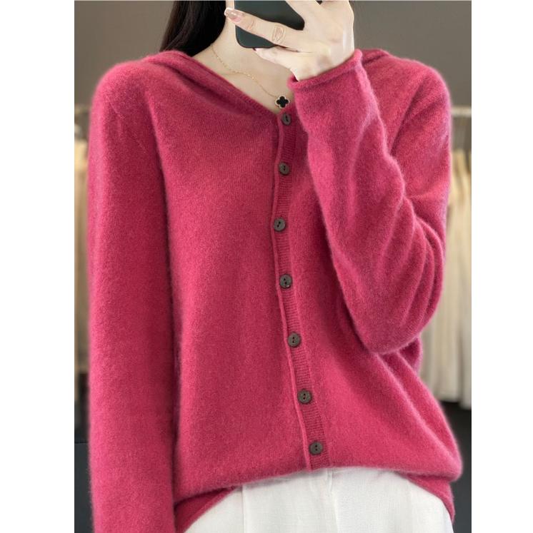 First Line 100% Merino Wool Knitted Cardigan Women's Autumn and Winter Hoodie Loose Sweater Fashionable Versatile Coat