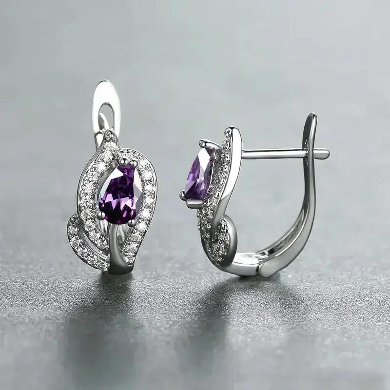 Elegant Multicolored Cz Hoop Earrings For Women Charming Purple Temperament Design Female Ear Jewelry Accessory For Wedding