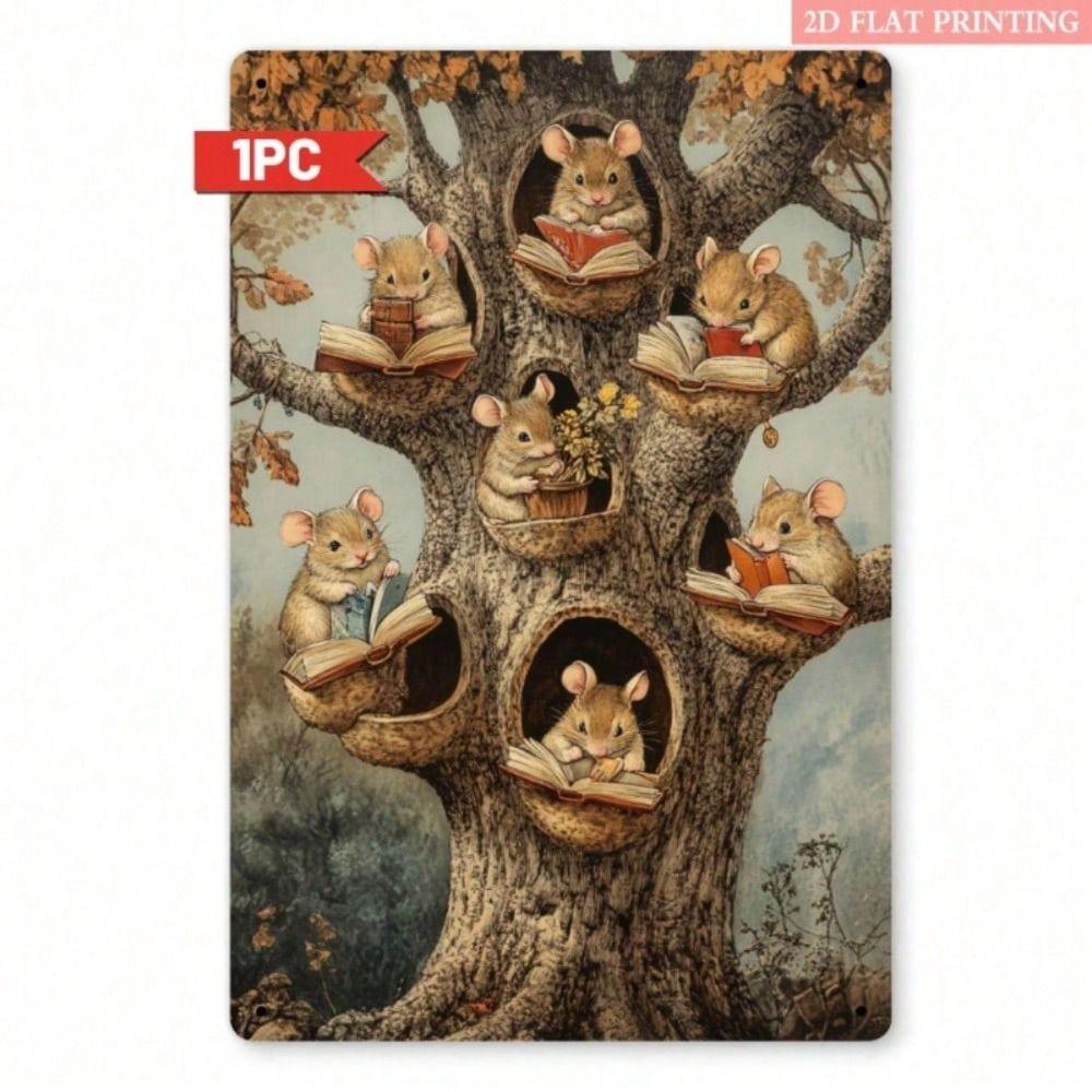 Vintage Mice Reading Books Metal Poster Wall Art For Library