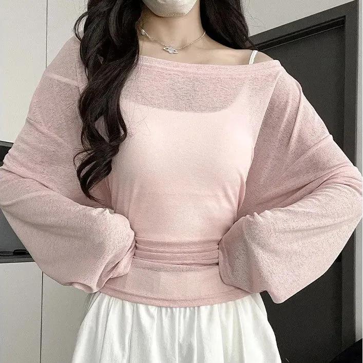 Women See Through Long Sleeve Oversize T Shirt Design Back Bandage Off Shoulder Top Female Long Tees Korean Lady