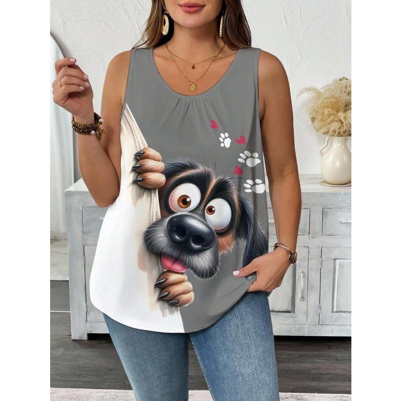 Daily Casual Crew-neck Printed Comfortable Women's Top, Sleeveless T-shirt, Tank Top