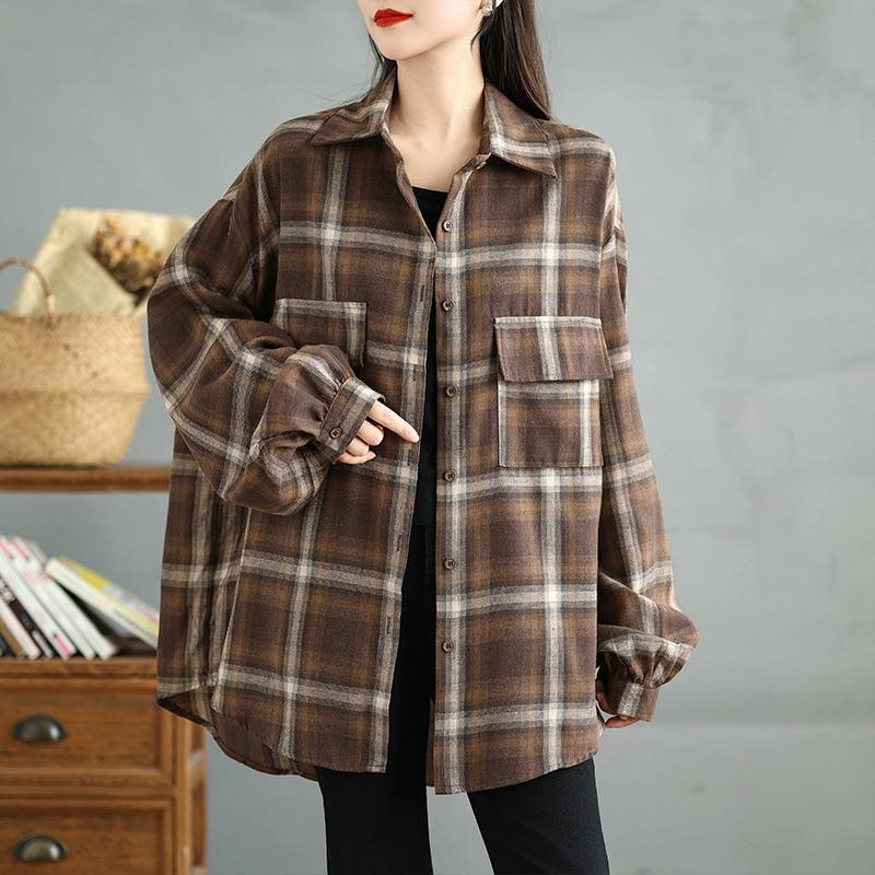 

DIMANAF 2024 Плюс Размер Новая Женская Блузка Клетчатые Куртки Осенняя Винтажная Летучая Мышь Верхняя Одежда Длинный Рукав Свободные Пуговицы Большой Размер M коричневый