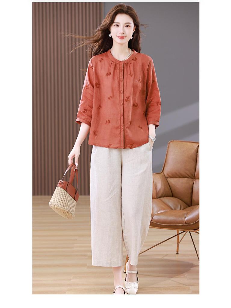 Women's Summer Fashion: New Chinese Style Loose Ramie Two-Piece Set for Middle-Aged Mothers