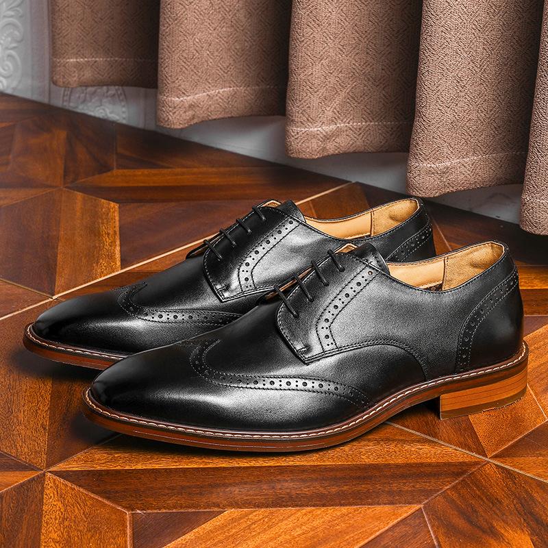 Business Men'S Shoes Brock Leather Shoes First Layer Cowhide Casual Shoes British Style Men'S Gentleman Shoes Lace-Up Leather Shoes Men