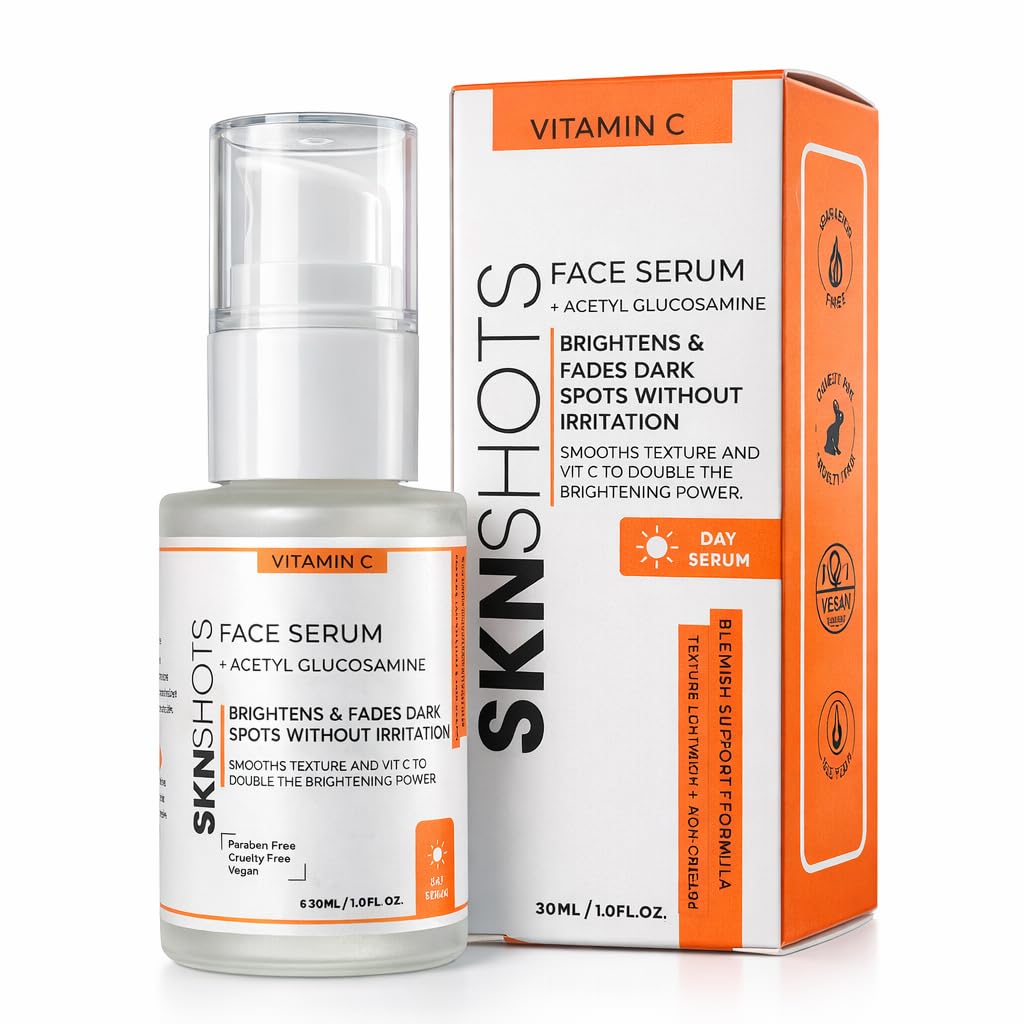 SKNSHOTS Vitamin C Face Serum with Acetyl Glucosamine, Brightens & Fades Dark Spots Without Irritation Smooths Texture and Vitamin C To Double the