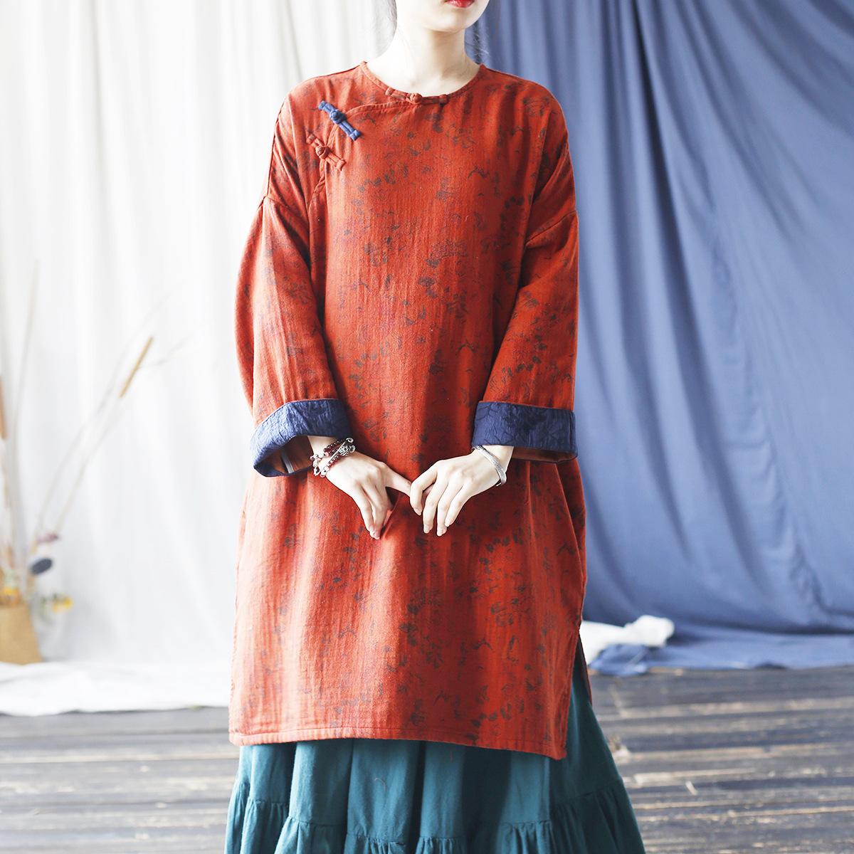 

Johnature женские длинные рубашки трапециевидной формы в китайском стиле с круглым вырезом и длинным рукавом, весенние винтажные рубашки с цветочным принтом One Size оранжевый