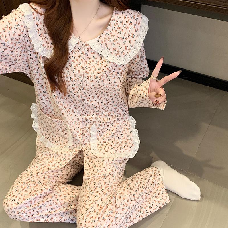 Cloud Cotton Pajamas Women'S Spring Sweet Pink Floral Long-Sleeved Loungewear Suit