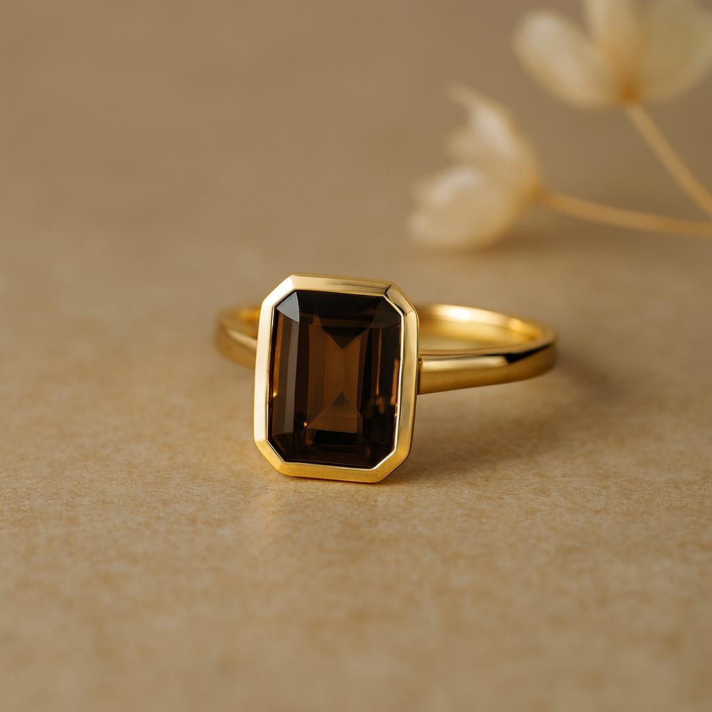 Emerald Cut Smoky Quartz Ring, Yellow Gold Plated Silver, Bezel Set Brown CZ Solitaire Statement Ring for Women