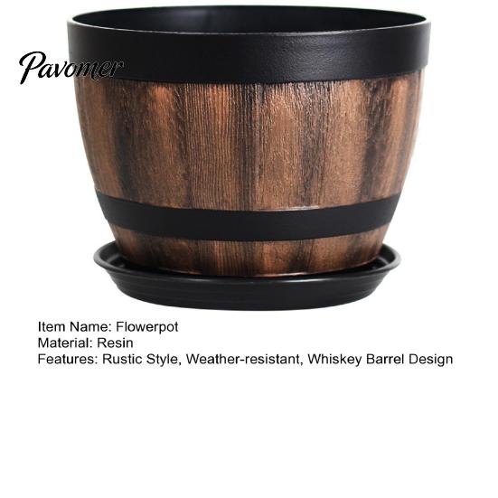 Rustic Wine Barrel Planter Large Flower Pot Whiskey Design Plant with Drainage Holes Resin Saucer Lotus Garden Pots for Herbs Outdoor Planting
