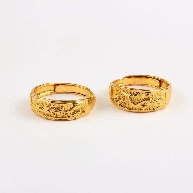 Adjustable Open Couple Rings Gold Carved Dragon Phoenix Pattern Fashion Jewelry for Wedding Gift