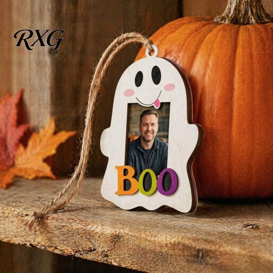 Solid Wood Photo Ornament Halloween Cute Ghost Wooden Frame with Hanging Rope, Creative Family Display Picture for Holiday Party Decor And Home