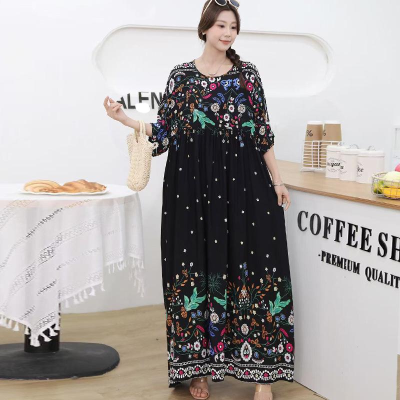 South East Asia 100kg super fat dress fat girl plus short sleeve maternity dress loose floral beach long skirt
