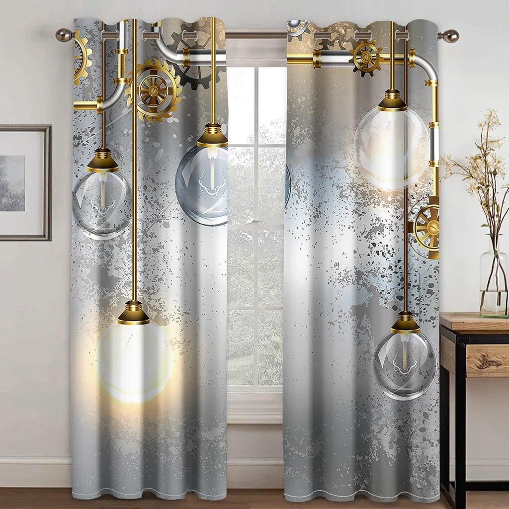 Steampunk Style Antique Composition Brass Fastening Round Print 3D Digital Printing Bedroom Living Room Window Curtains 2 Panels