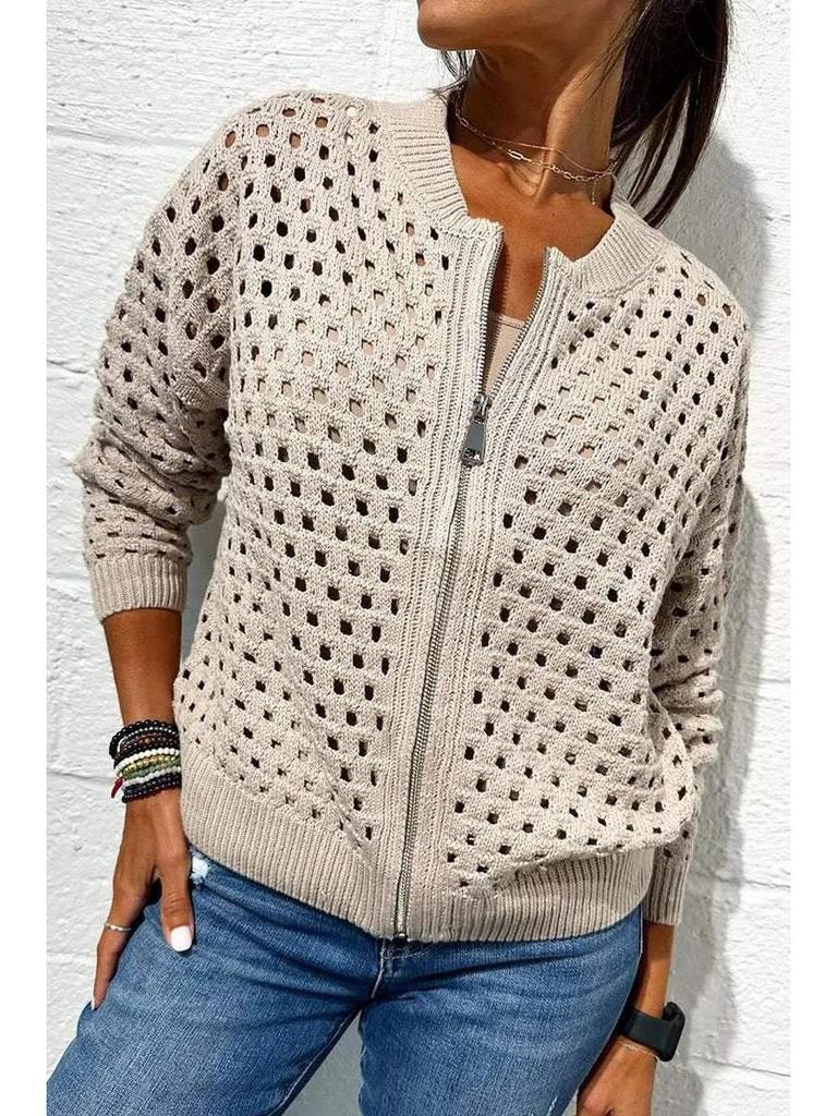 2025 Women's Casual Fashion Hollow Knit Zipper Jacket - European & American Style