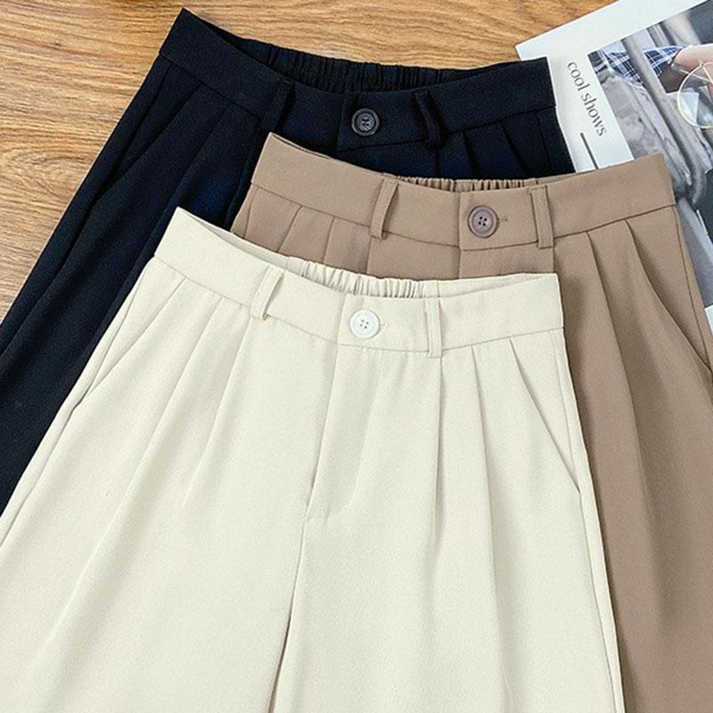 Women Summer Solid Color High-Waisted Wide-Leg Casual Suit Shorts Pants
