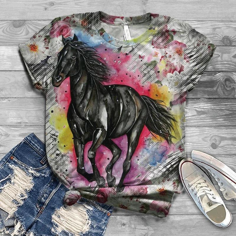 Women T-shirt 3d Horse Print Tshirt Women Fashion Crew Neck Short Sleeve T-shirt Animal Graphic T Shirt Ladies Tops Tees