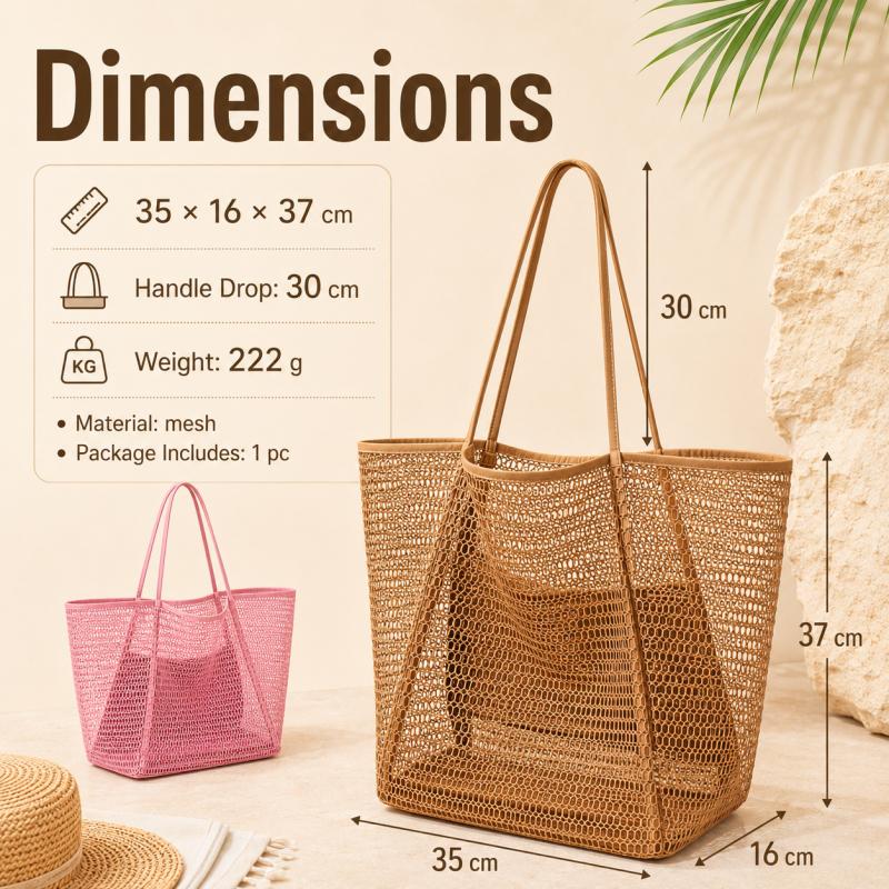 Foldable Mesh Beach Tote Bag Large Capacity Travel Shoulder Handbag With Zipper Pocket For Towels Clothes Cosmetics And Daily Storage