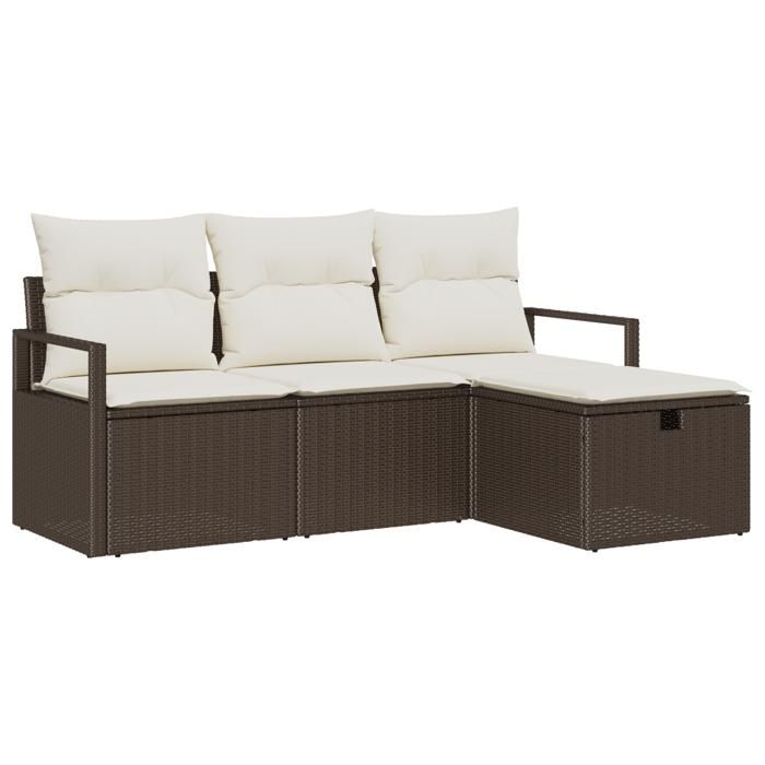 Ensemble de canapé de jardin 4 pièces avec coussins en rotin poly marron, Canapé de jardin 2 places avec rangement 3360479