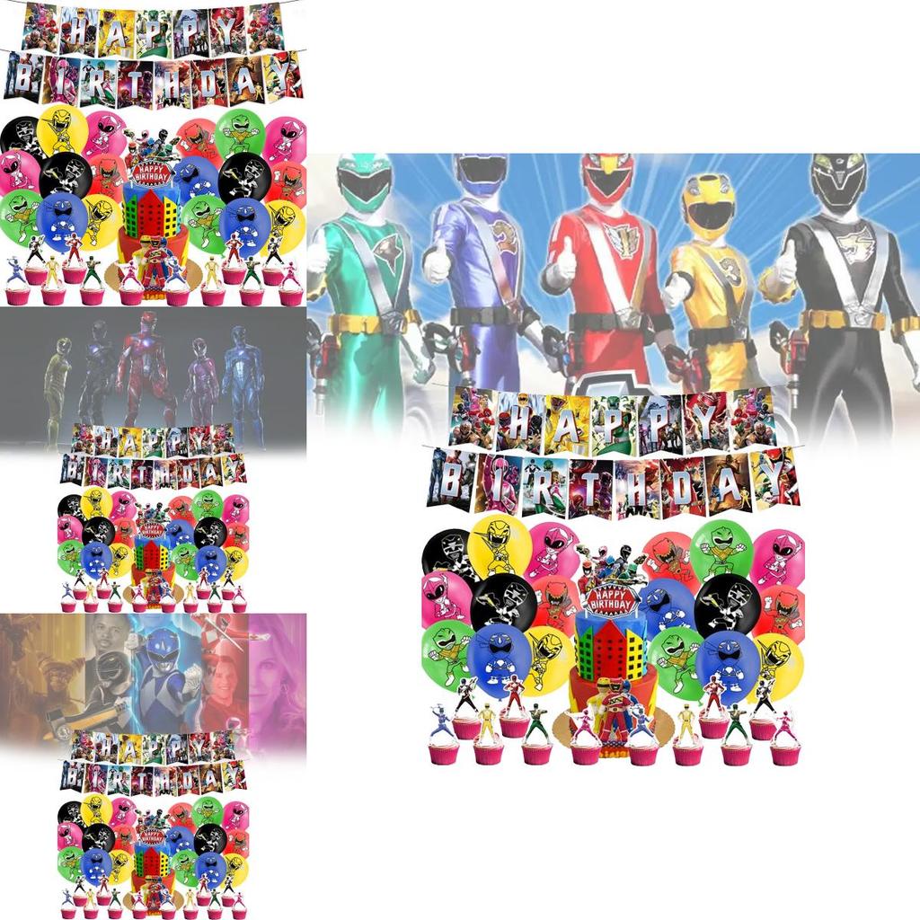 Narozeninové dekorace Mighty Morphin Power Rangers s balónky s dinosauří tématikou a vlaječkami na dort pro chlapce