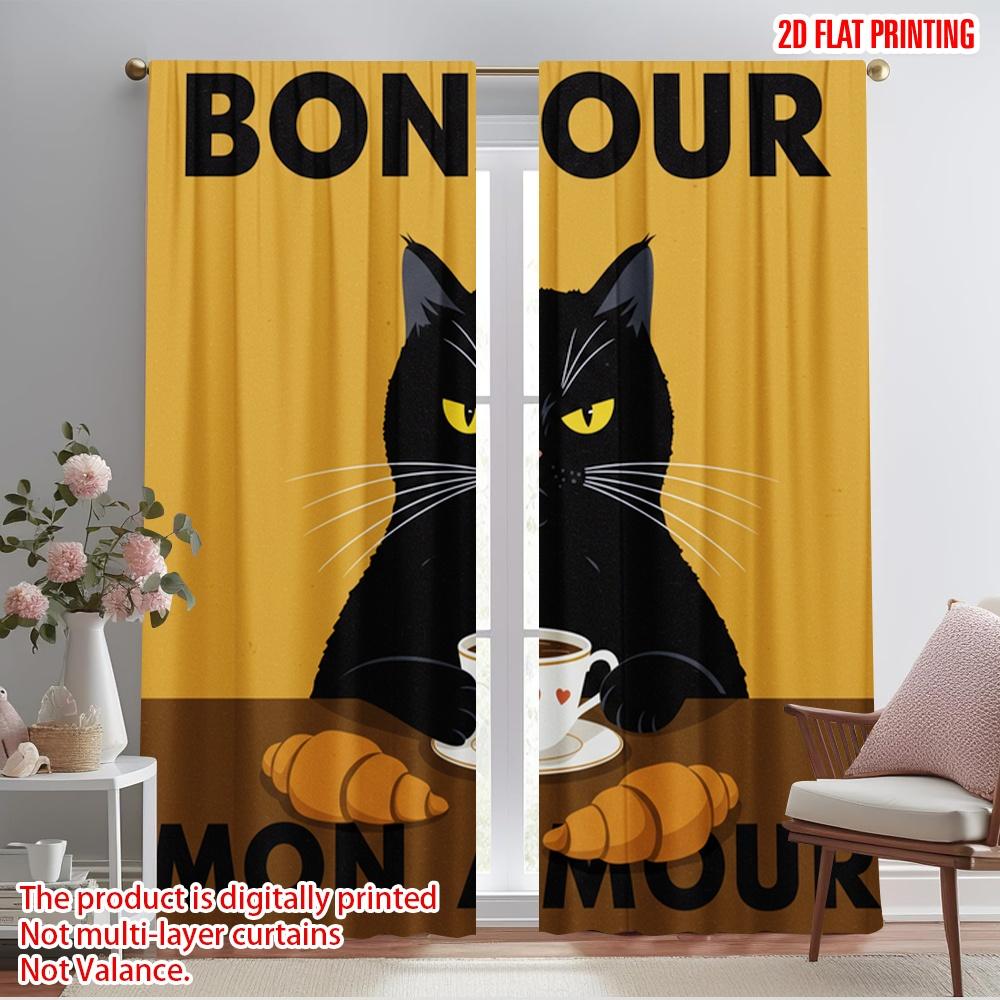 

2pcs 2D flat printing Curtains Black Cat Coffee Croissant Bonjour 100% Polyester Without Electricity 0 for Holiday Decor 52.50×116.00 CM 2pcs
