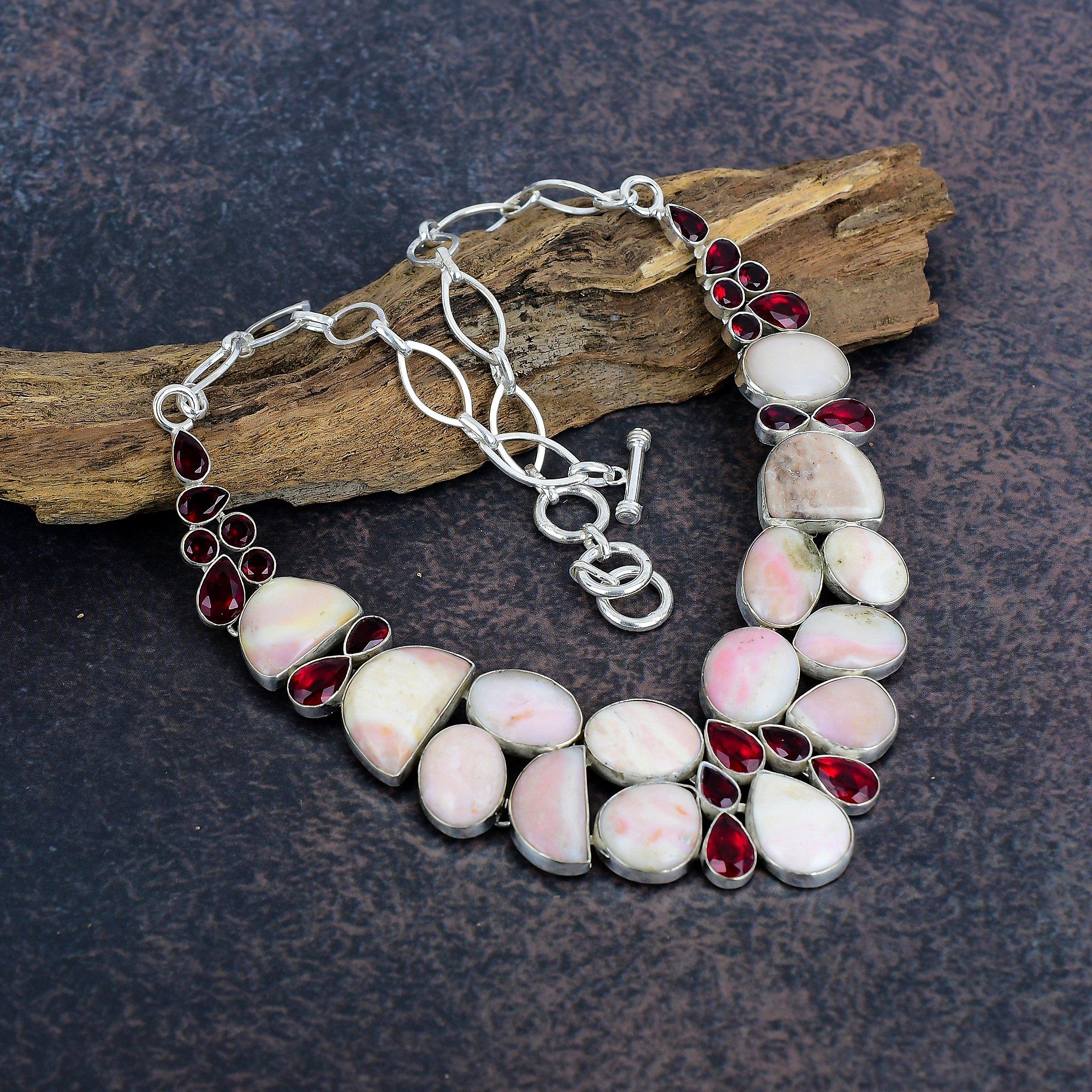 

Gorgeous Pink Opal, Red Garnet Gemstone Necklace Jewelry,925 Sterling Silver Jewelry, Handmade Gorgeous Necklace For Love