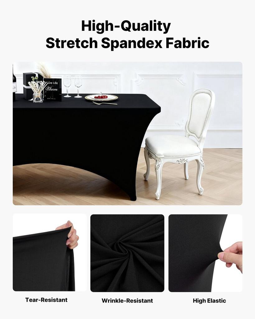 10 Pack Table Cloth for 6FT Rectangular Fitted Events, Wrinkle-Resistant Stretch Black Table Covers, Washable Spandex Tablecloth Protector, for Party,