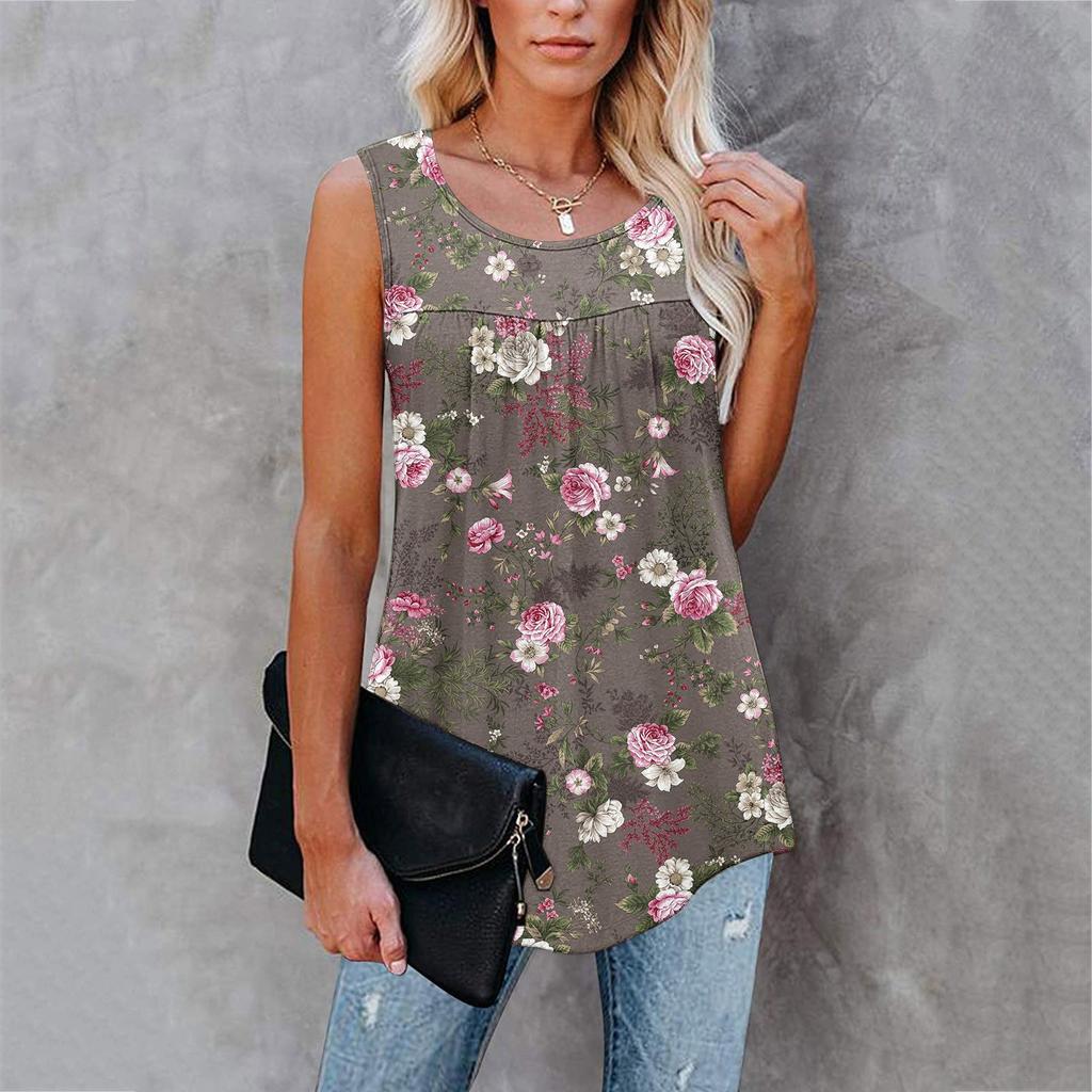 Ladies Casual Plus Size Loose Tank Top Flower Print Sleeveless Pleated T-Shirt