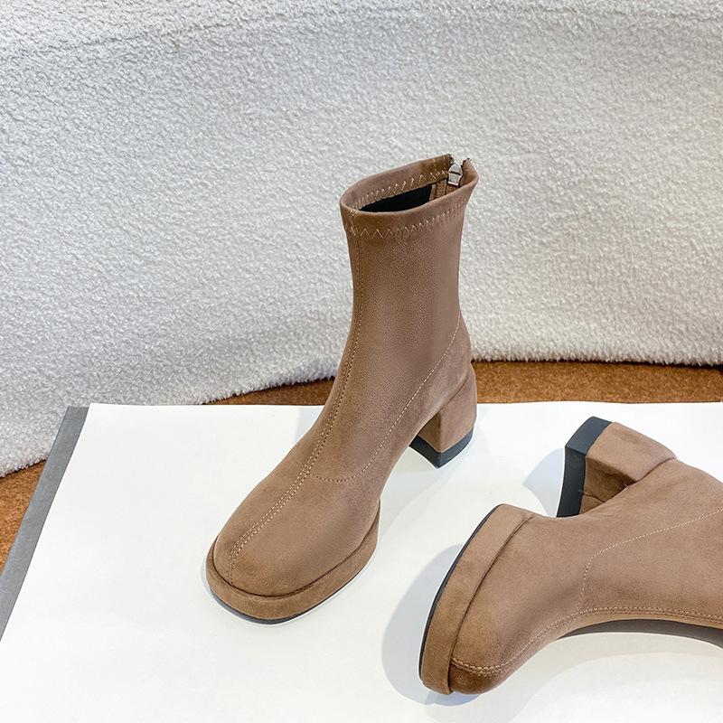 Martin boots women's autumn and winter new trendy thick heel square head short boots women's suede temperament thin high heel boots women