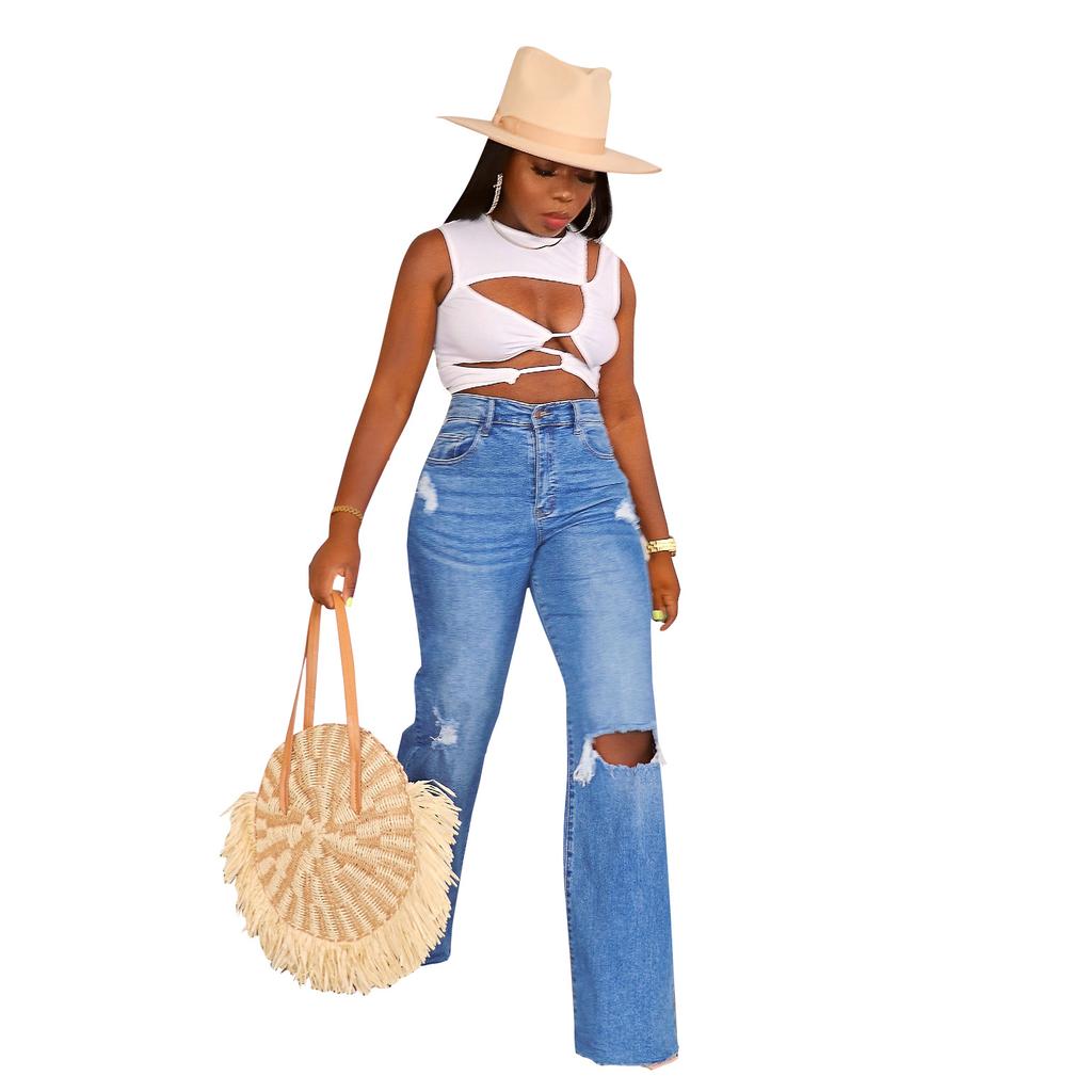 Spring and Autumn Women's Jeans Hole Breaking Wide Leg Pants Straight Trousers