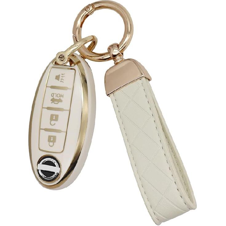 SUNCARACCL for Nissan Key Fob Cover with Leather Keychain, Soft TPU Full Protection Key Case Shell for Nissan Altima Maxima Rogue Armada Pathfinder