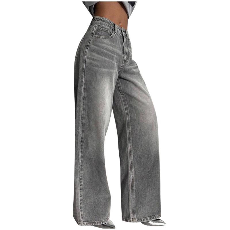 Gray Vintage Baggy Jeans Woman Streetwear High Waist Y2K Wide Leg Denim Pants Loose Female Hip Hop Trousers 2000s Spring Autumn New