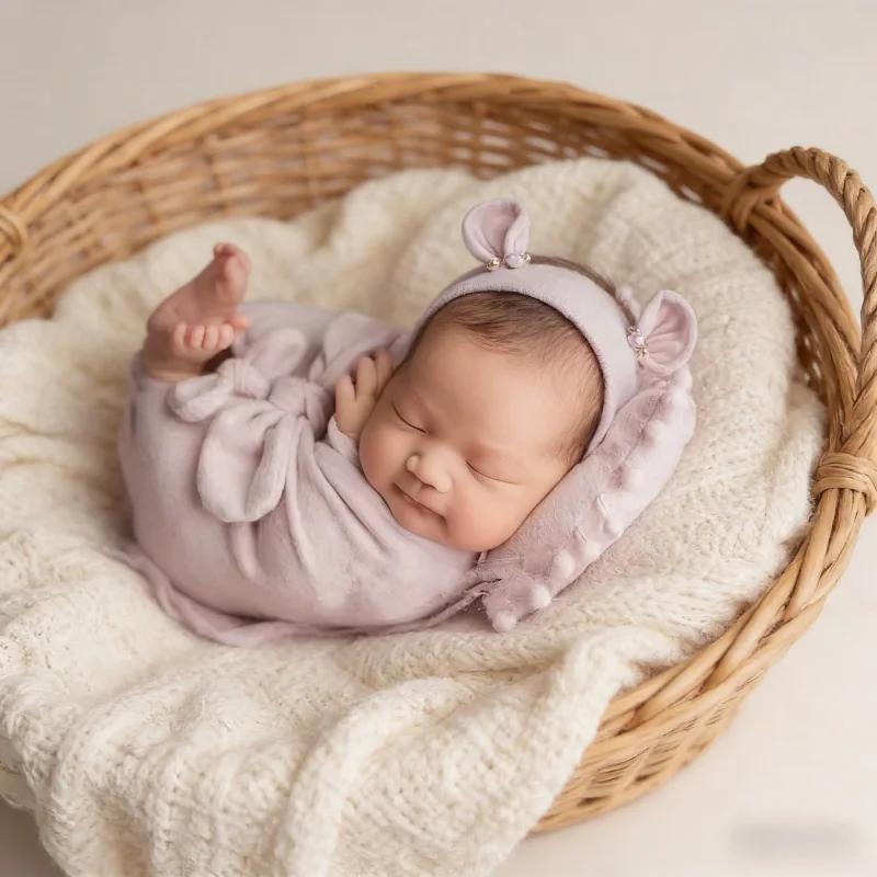 3pcs Newborn Photography Set Bear Hat Pillow Swaddle Wraps Bows Decor Clothing Studio Photo Props for Infant Boys Girls Shooting