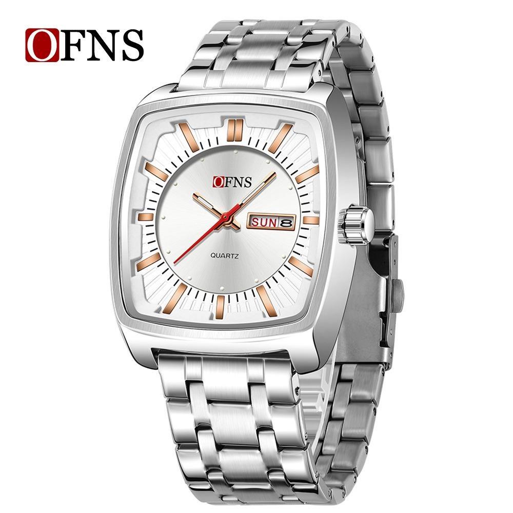 Men Watch Fashion Square Stainless Steel/Silicone Strap Waterproof Luminous Quartz Week Calendar Business Sports WristWatch