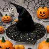 Black Velvets Witch Hat With Golden Star Elegant Curved Border Halloween Hat for Women Men Kids