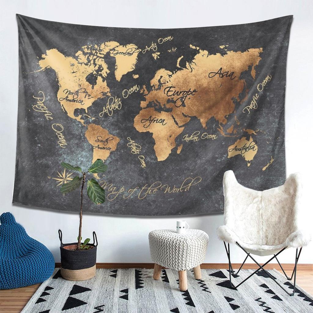 World Map 147 Gold Black Tapestry Decor Art Aesthetic Tapestries for Living Room Bedroom Home Wall Cloth Wall Hanging
