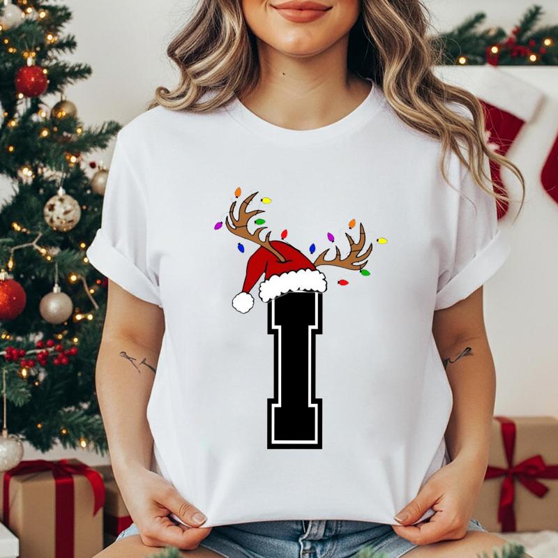 Unisexs Tshirt Christmas Alphabet Fashion Print Tshirt Short Sleeve Fashion Street Top Santa Hat Reindeer Christmas Party Top