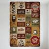 Vintage Coffee-Themed Metal Tin Sign Retro Aged Tone Grid Sections with 'ERIOE', Coffee Cups, 'ROASTER'S COFFEE' Logo, Teapots,