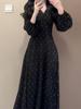 Women's Black Polka Dot Puff Sleeve V-Neck Dress - French Style Mid-Length for Autumn/Winter